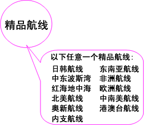 日韩航线,东南亚航线,中东波斯湾航线,非洲航线,红海地中海航线,欧洲航线,北美航线,中南美航线,奥新航线,港澳台航线,内支航线